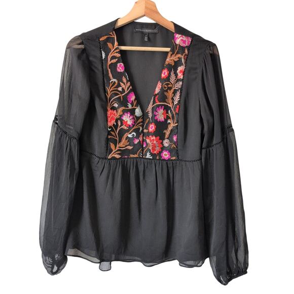 WHBM Peplum Top Blouse Long Sleeve Chiffon Embroidered Bishop Empire Size 10 - Picture 2 of 11